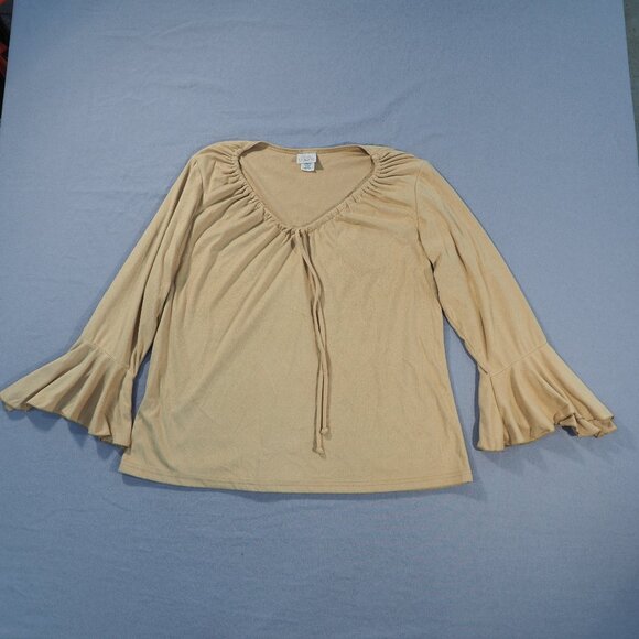 Vintage Fiorlini Shirt Womens 14/16 Tan Bell Flare Sleeve Soft Boho Cottage USA - Picture 1 of 12